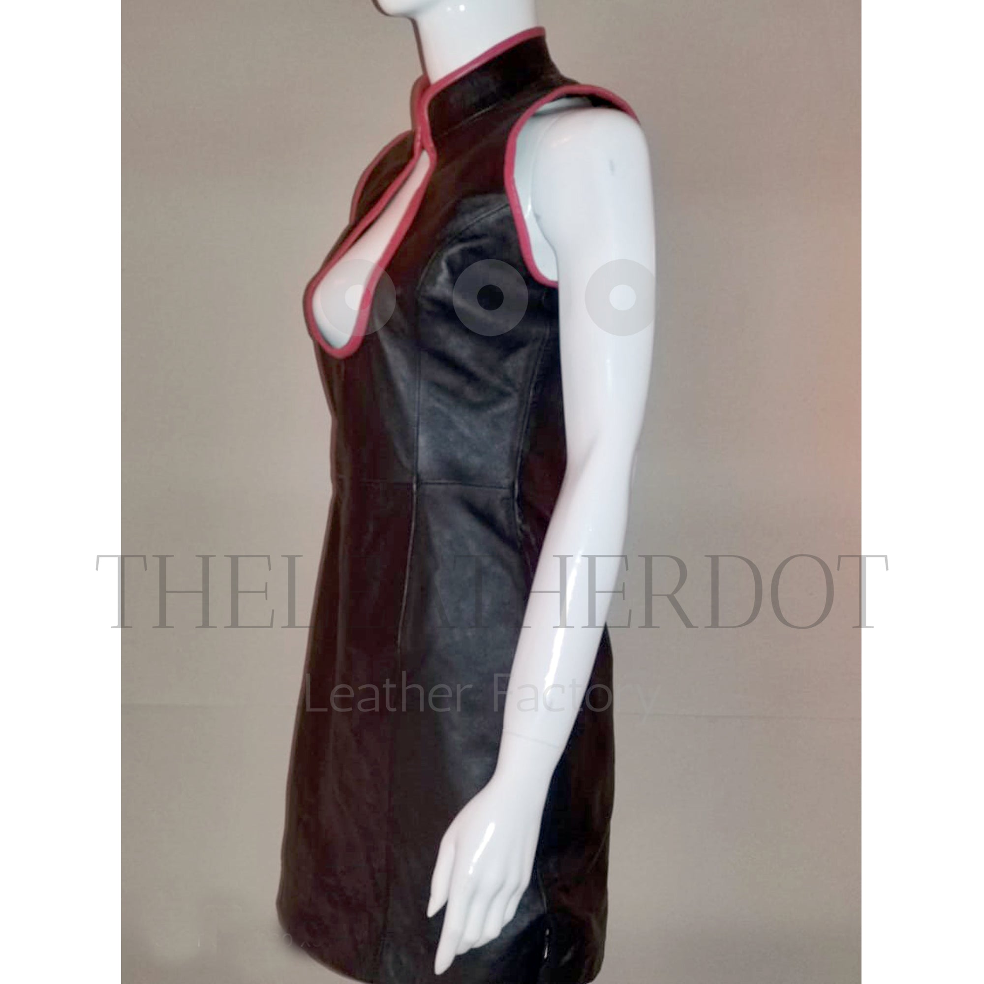 Bold & Elegant: The Black Cutout High Collar Leather Mini Dress by LeatherTaboo.com