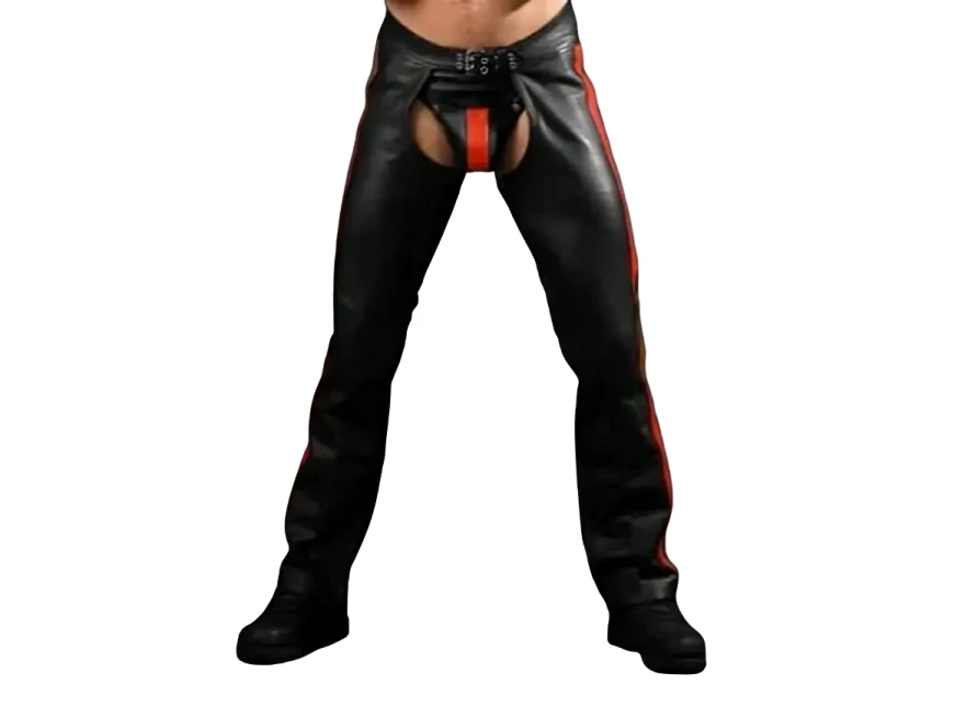 Front view of men's black leather full-length chaps with red outer-leg stripes, a wide buckle waistband and long straight leg panels.