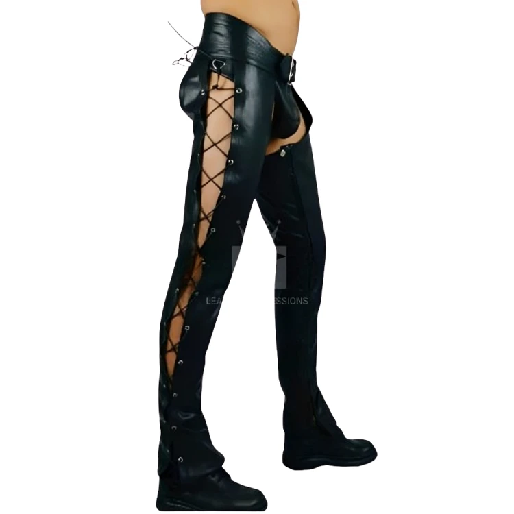 Side view of men's black genuine leather chaps showing full-length crossed side lacing, metal eyelets, wide waistband and shaped leg panels.