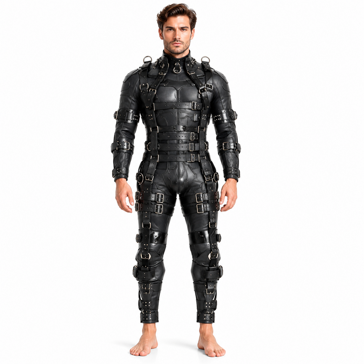 Front view of men's black genuine leather panelled harness suit with high collar, shoulder D-rings and layered buckle straps on torso and legs.