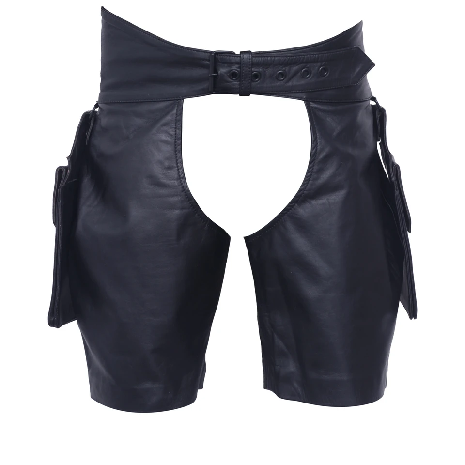 Front view of men's black genuine leather short chaps with an open center, adjustable buckle waistband, eyelets and side pocket panels.