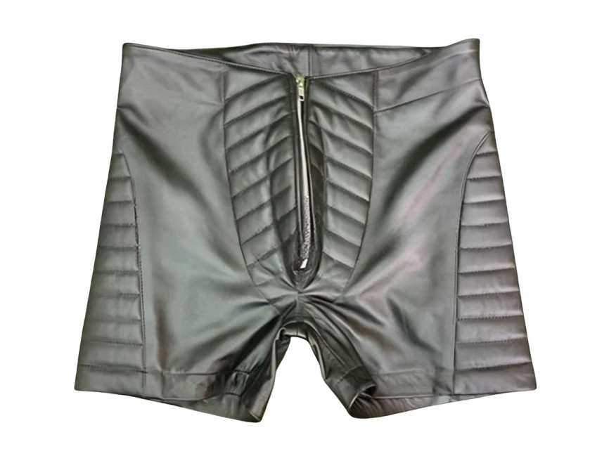 Front view of men's black genuine leather short shorts with central zipper, angled ribbed front panels and horizontally stitched side sections.