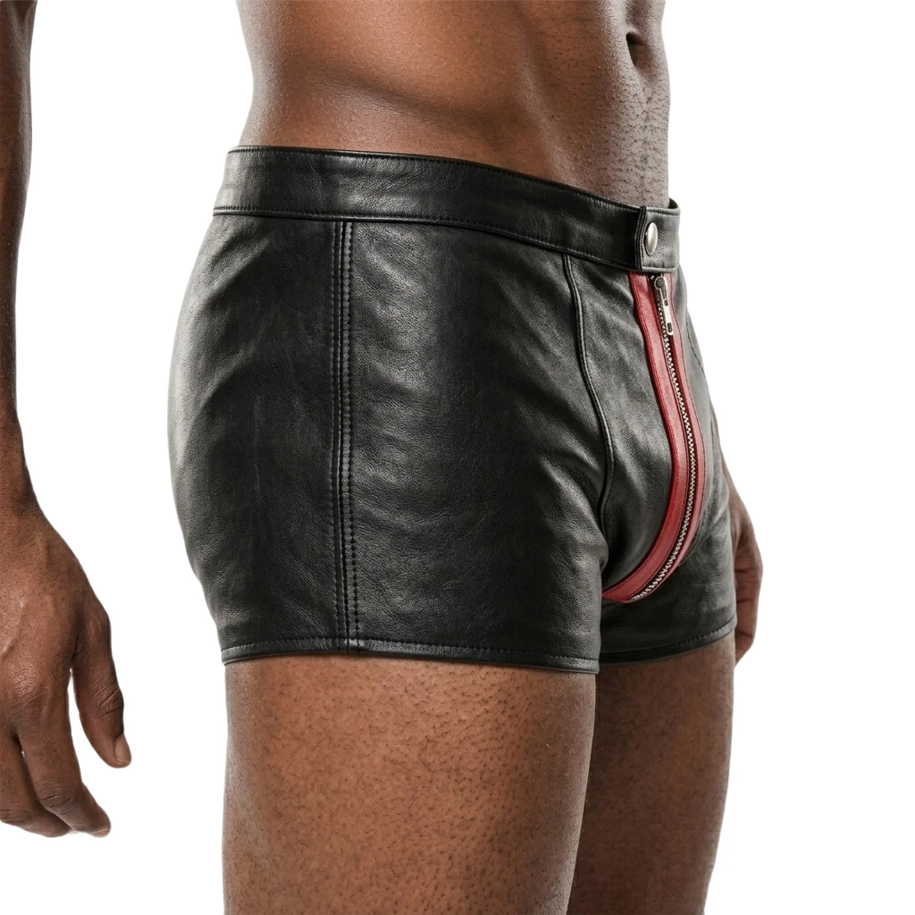 Angled front view of men's fitted black genuine leather shorts with red zipper trim, a silver-tone front zipper and snap waistband.