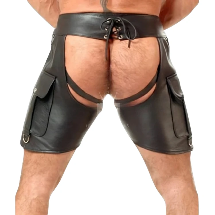 Rear view of men's black leather short chaps showing an open seat, lace-up waistband, side flap pockets and short stitched leg panels.