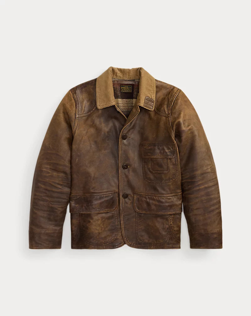 Front view of men's distressed brown genuine leather jacket with tan textured collar, button front and three flap patch pockets.