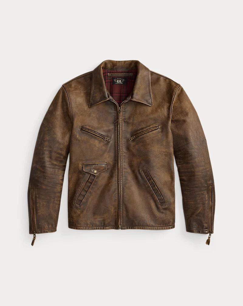 Front view of men's distressed brown genuine leather jacket with a pointed collar, zip front, angled chest zip pockets and zip cuffs.