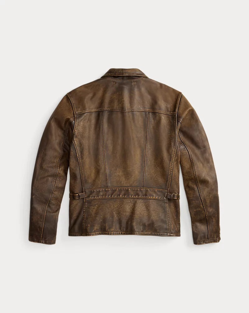 Rear view of men's brown genuine leather jacket showing a shoulder yoke, shaped back panels and an adjustable waist strap at each side.