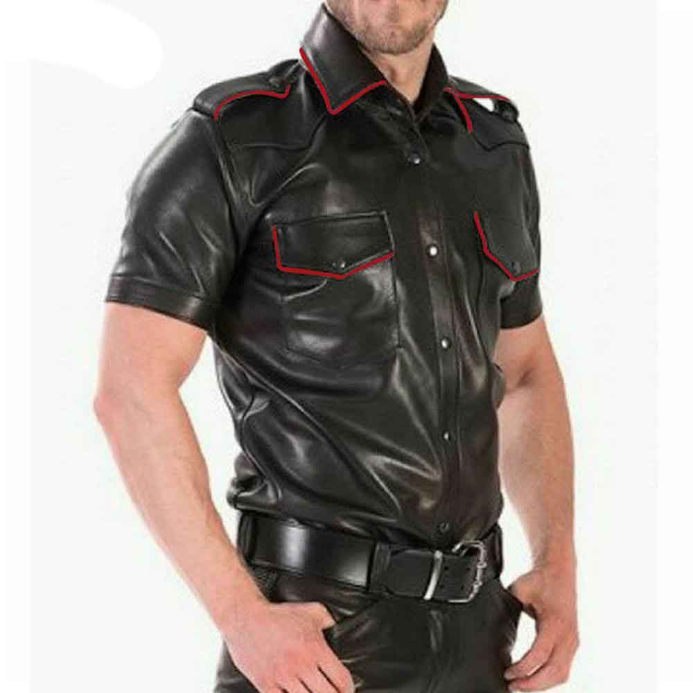 Mens Real Cowhide Leather Police Uniform Short Sleeve Shirt IN 4 Colors Piping leathertaboo.com