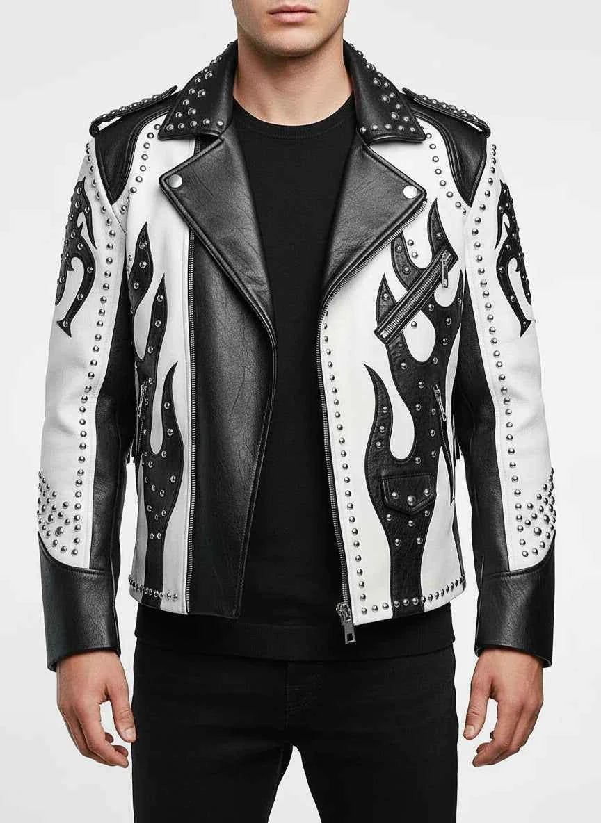 Men's Handmade Two Tone Studded White Leather Biker Jacket