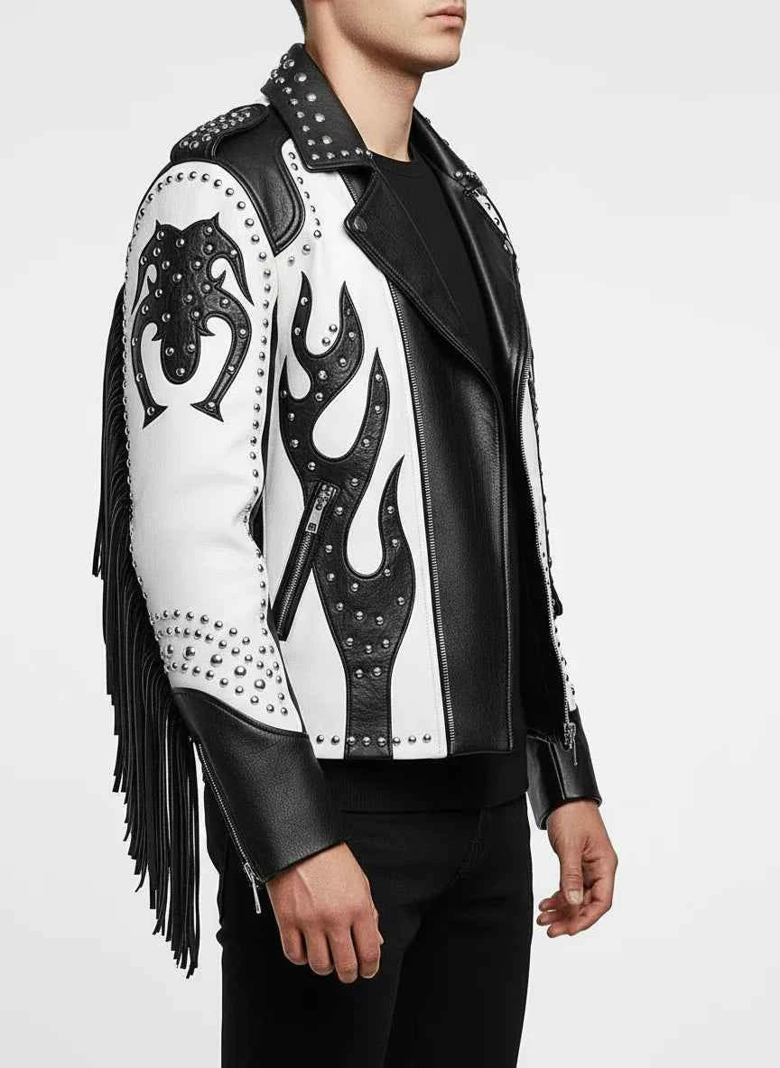 Men's Handmade Two Tone Studded White Leather Biker Jacket