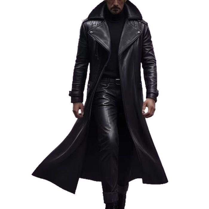 Men's Winter Classic Long Leather Trench Coat - Full Length Overcoat