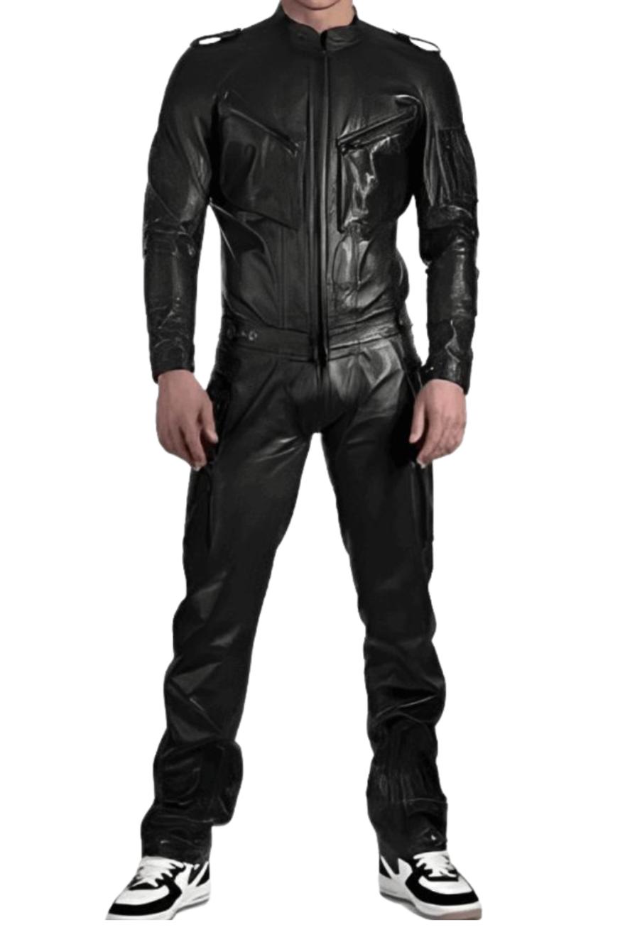 Men’s Black Genuine Leather Jumpsuit (Workwear Romper Overall Bodysuit Style)