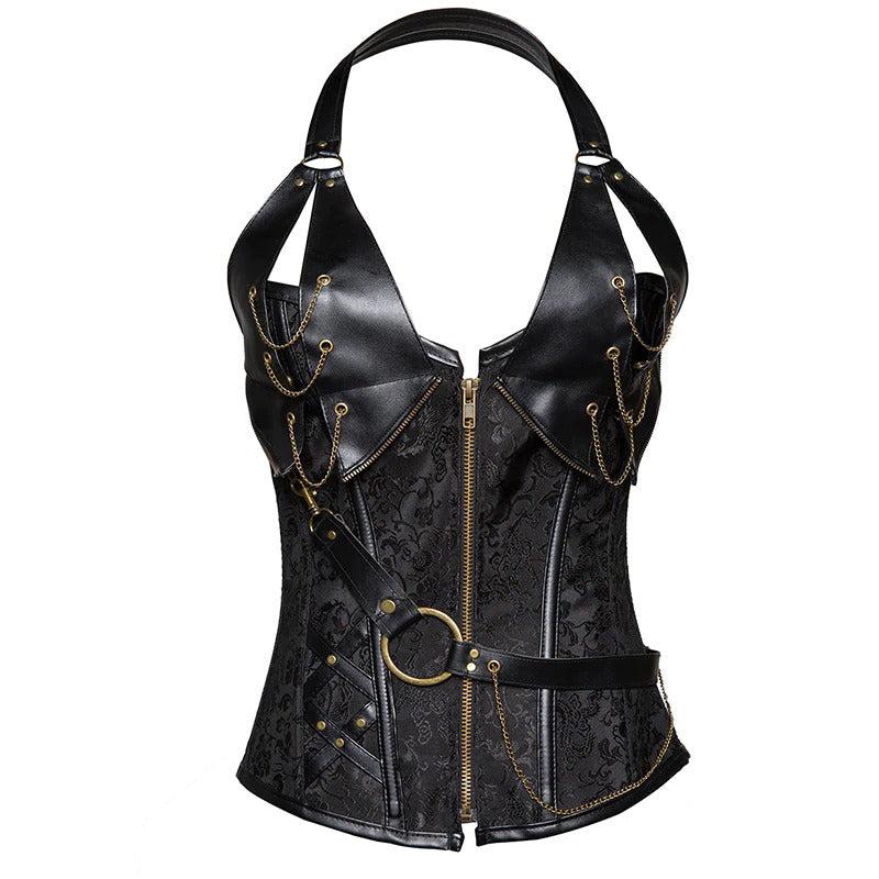 Women’s Black Leather Bustier (Halter Neck Lace-Up Corset Steampunk Top)