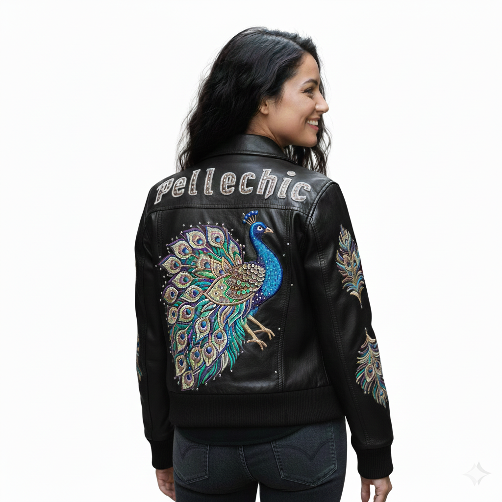 PelleChic™ Majestic Peacock Luxury Leather Bomber – Hand-Detailed Rhinestone Art Edition leathertaboo.com