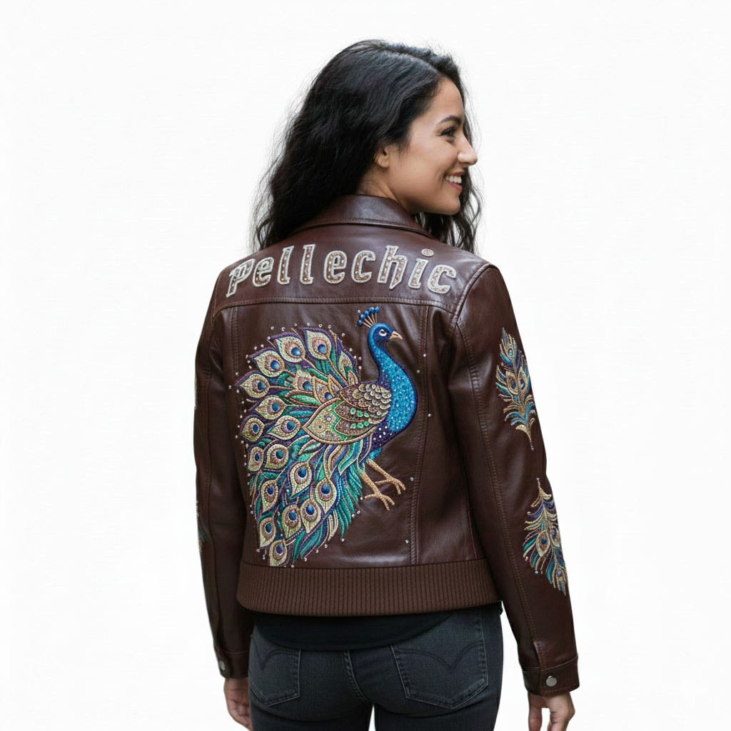 PelleChic™ Majestic Peacock Luxury Leather Bomber – Hand-Detailed Rhinestone Art Edition leathertaboo.com