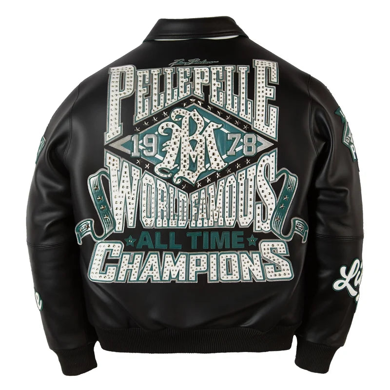 Back view of black Pelle Pelle All Time Champions Jacket with green and white lettering, 1978 graphics and reflective star details.