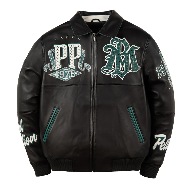 Front view of black Pelle Pelle All Time Champions Jacket with green and white chest artwork, green pocket trim and ribbed cuffs.