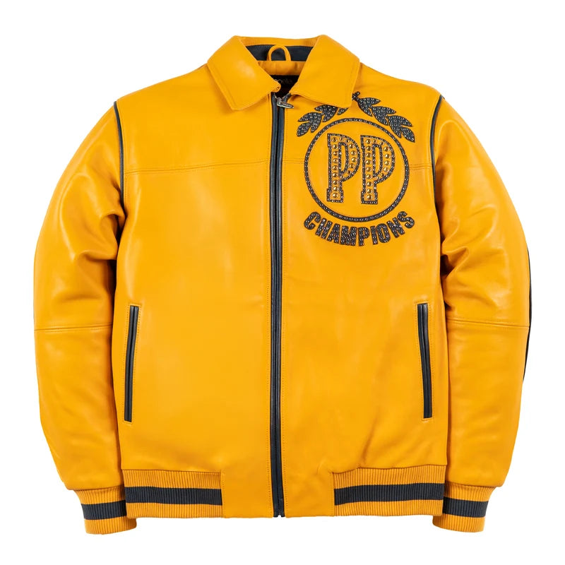 Front view of yellow Pelle Pelle Champions Jacket in genuine leather with navy zipper trim, studded chest emblem and striped rib-knit hem.