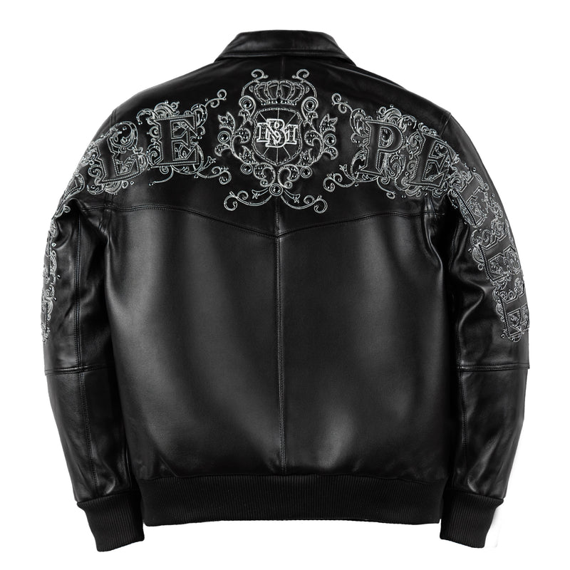 Back view of black Pelle Pelle Shoulder Crest jacket showing a crowned crest, ornate shoulder lettering and upper sleeve details.