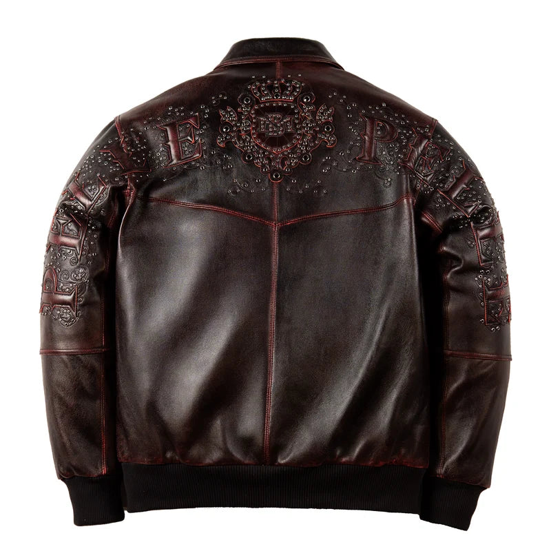 Back of black and red Pelle Pelle Shoulder Crest jacket with a crowned crest, shoulder lettering and decorative studded accents.