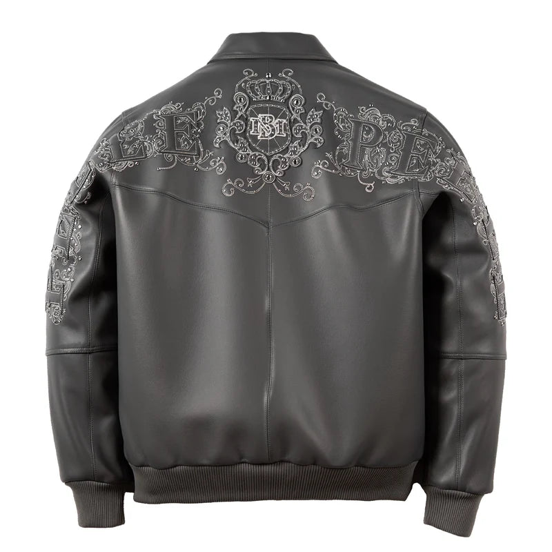 Back view of gray Pelle Pelle Shoulder Crest leather jacket with ornate logo crest across the shoulder yoke and rib-knit hem.