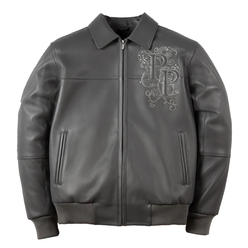 Front view of gray Pelle Pelle Shoulder Crest leather jacket with zip closure, pointed collar, chest crest and rib-knit cuffs.