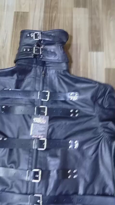Handmade leather bondage straitjacket with durable metal buckles and extended sleeves for secure restraint play