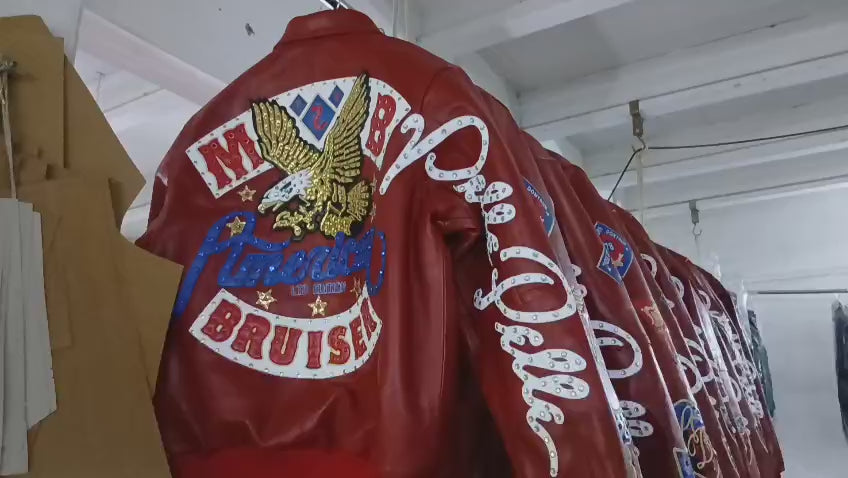 Stylish Pelle Pelle red leather streetwear jacket with premium craftsmanship and bold American Legend design.