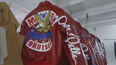 Stylish Pelle Pelle red leather streetwear jacket with premium craftsmanship and bold American Legend design.