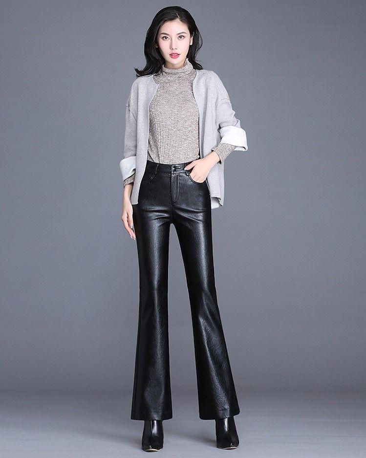 Women’s Handmade Leather Bell-Bottom Pants (High Waist Palazzo Style Trousers)