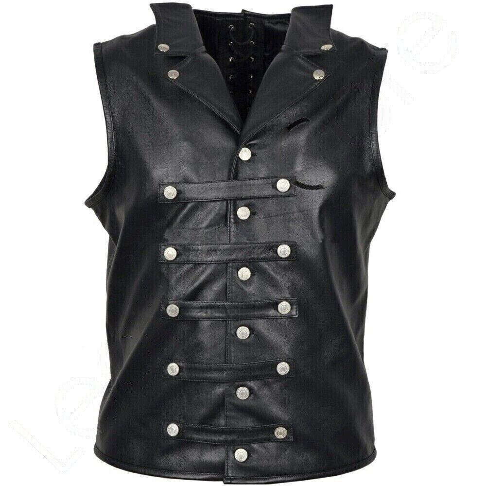 Steampunk Real Leather Waistcoat (Black Motorcycle Biker Vest Jacket)