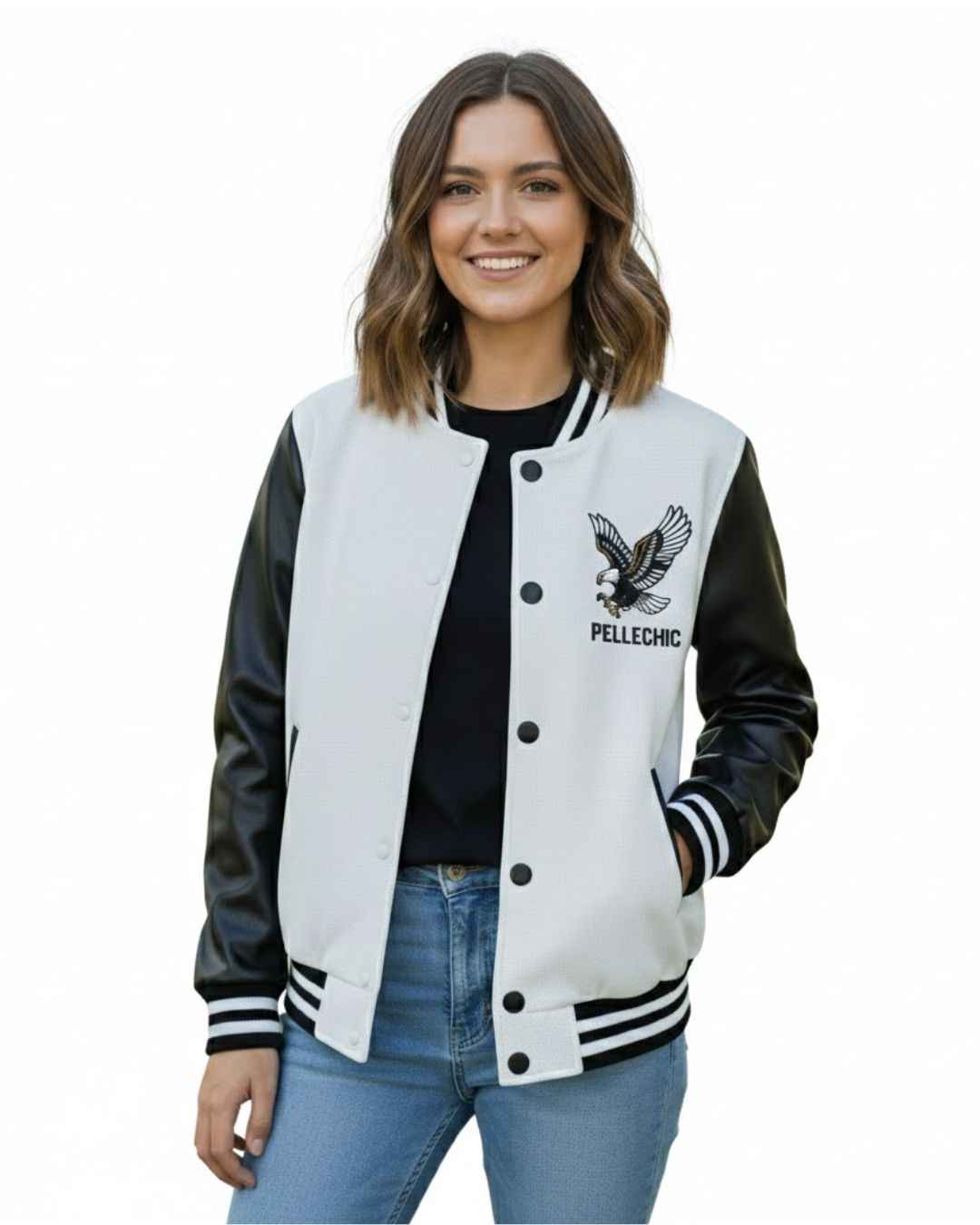 Elite Black & White Varsity Jacket with Eagle Patch