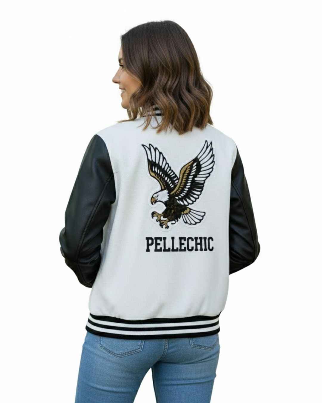 Elite Black & White Varsity Jacket with Eagle Patch