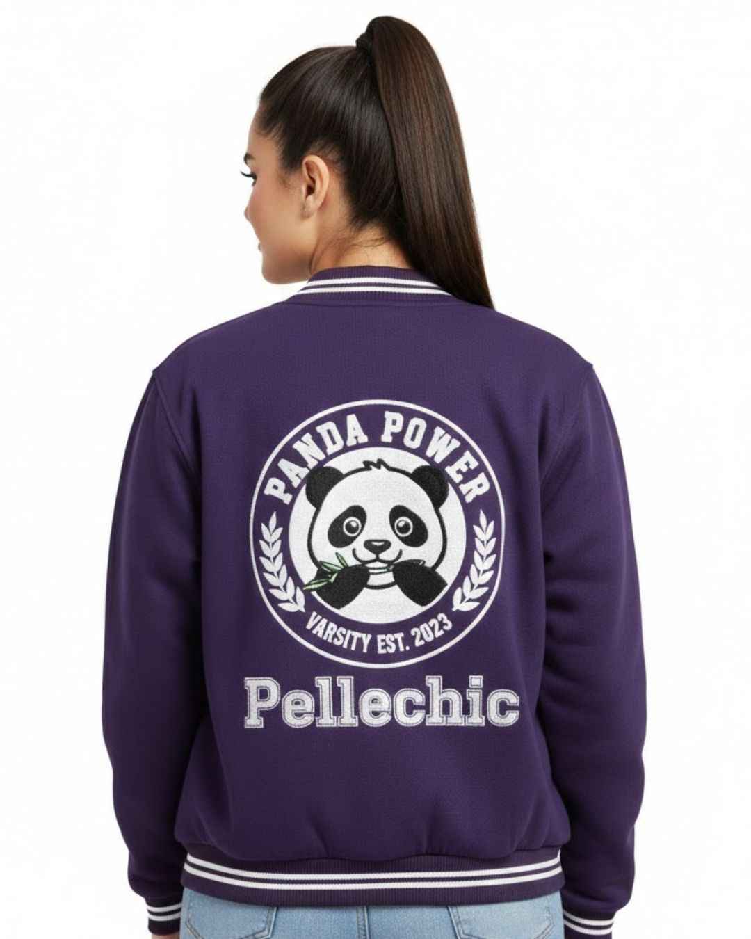 “Panda Power Purple Varsity Jacket – Trendy Pellechic Streetwear Varsity jacket