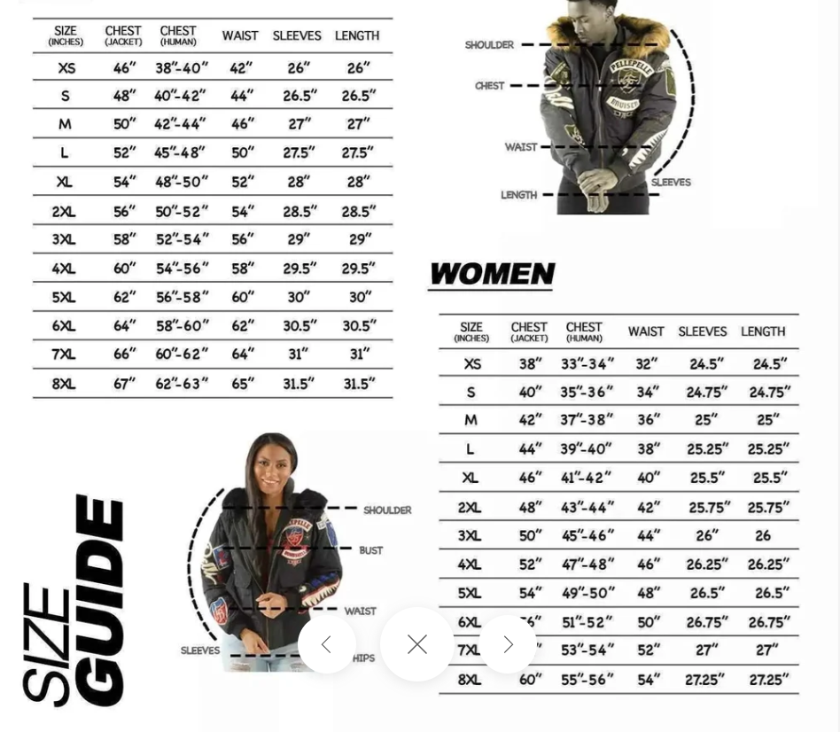 Jacket size chart in inches for XS through 8XL, listing body and garment chest measurements, waist, sleeve length and jacket length.
