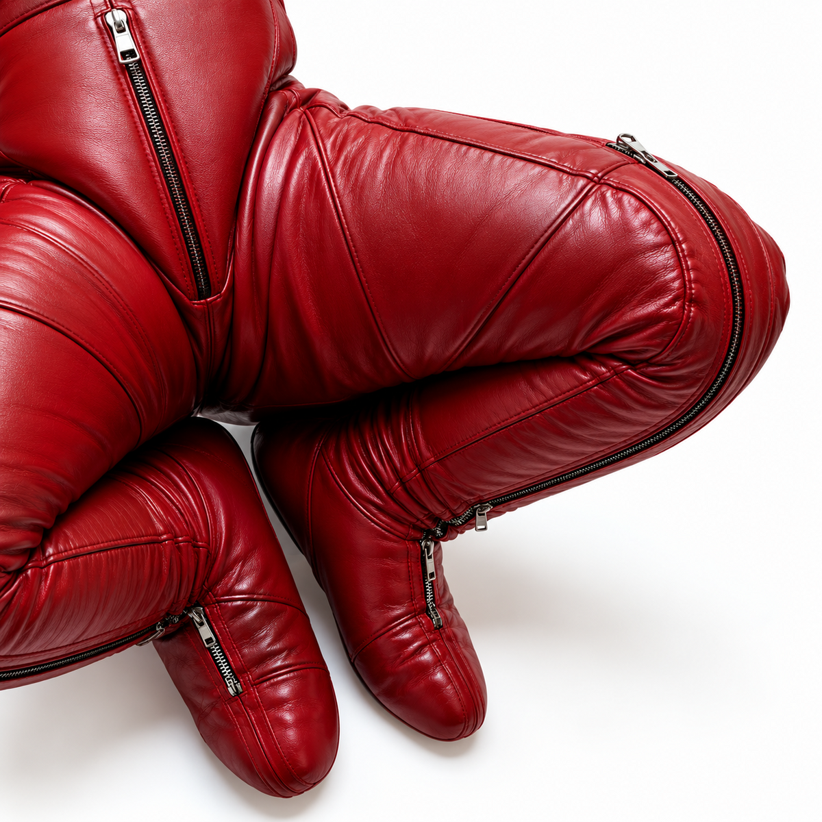 Close-up of red genuine leather enclosed suit showing shaped leg sections, stitched panels and silver-tone zippers at the lower sections.