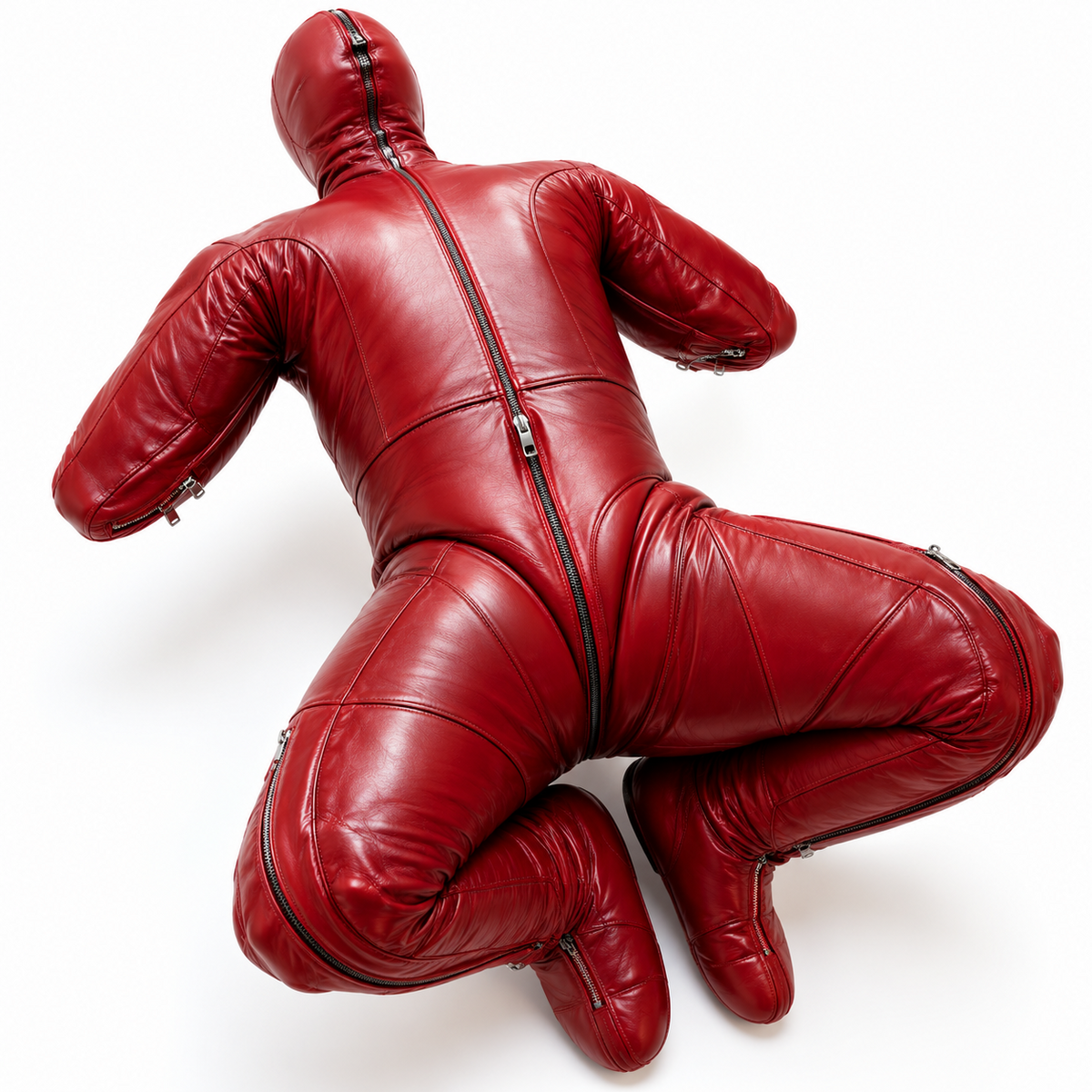 Full view of red genuine leather enclosed hooded suit with bent-arm and leg sections, a long center zipper and silver-tone zipper pulls.