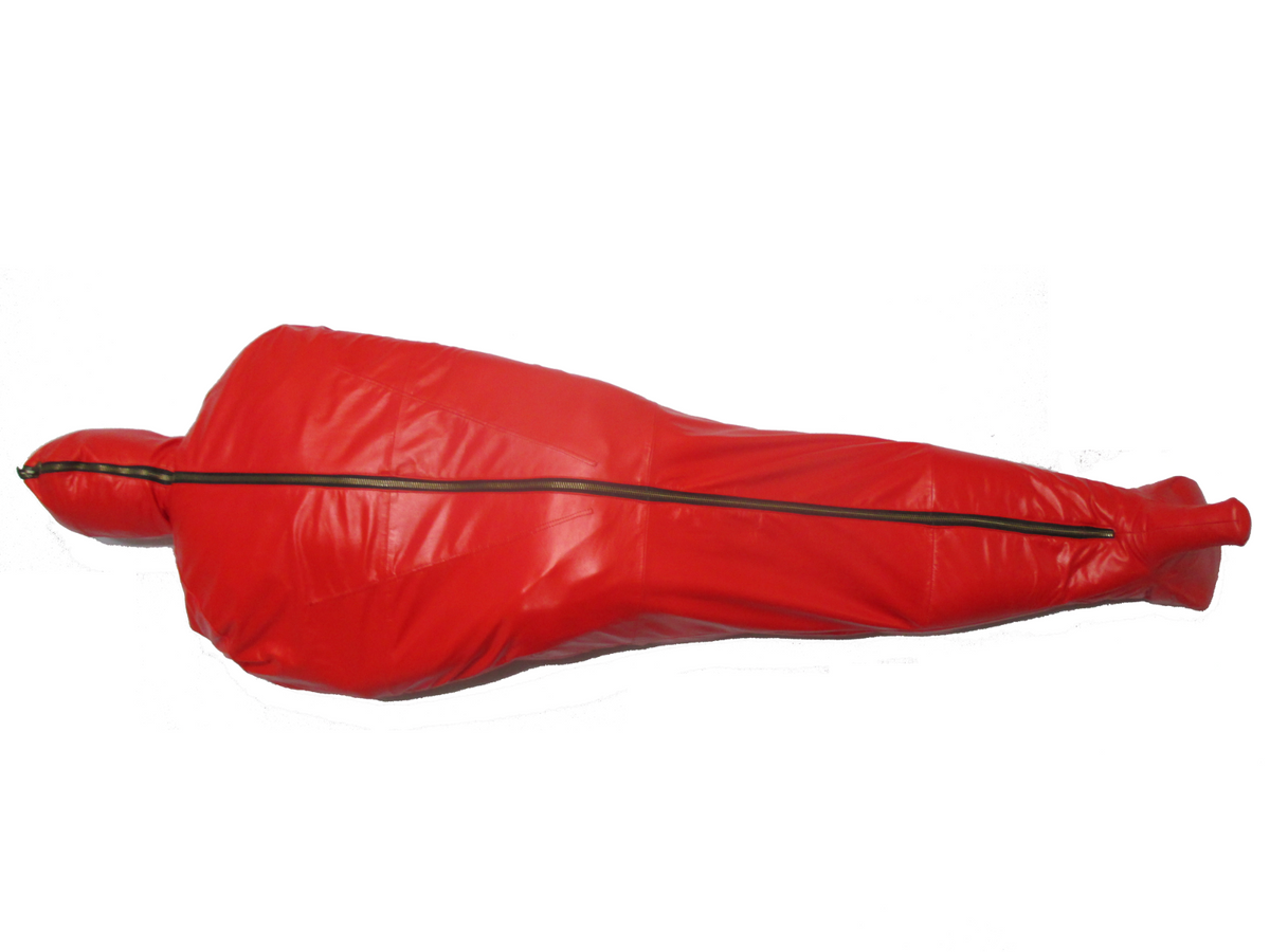 Rear view of red genuine leather hooded sleep sack showing the long central zipper, stitched body panels and shaped enclosed foot section.