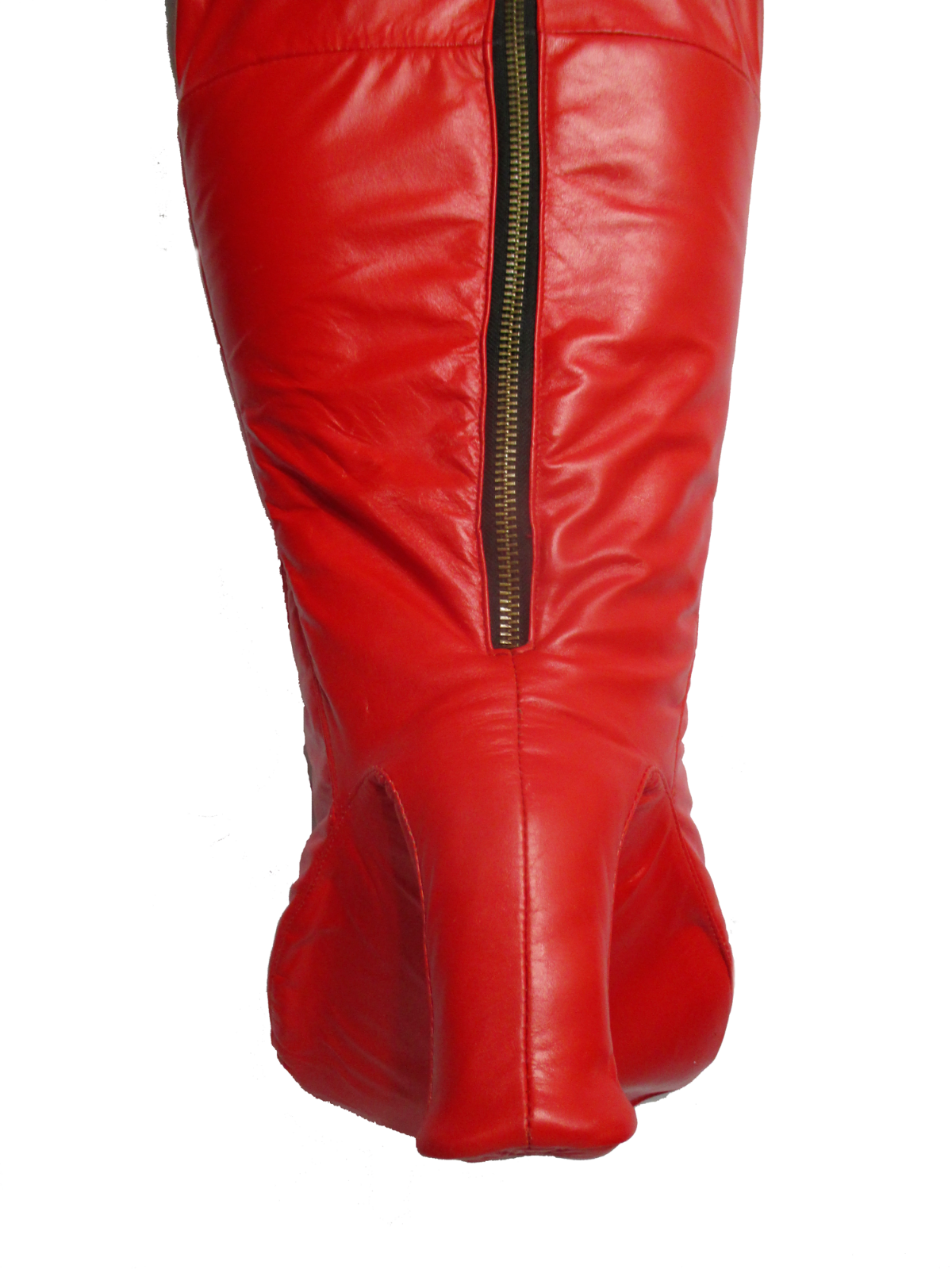Close-up of red leather sleep sack foot section showing the central zipper end, shaped panels, matching seams and enclosed construction.