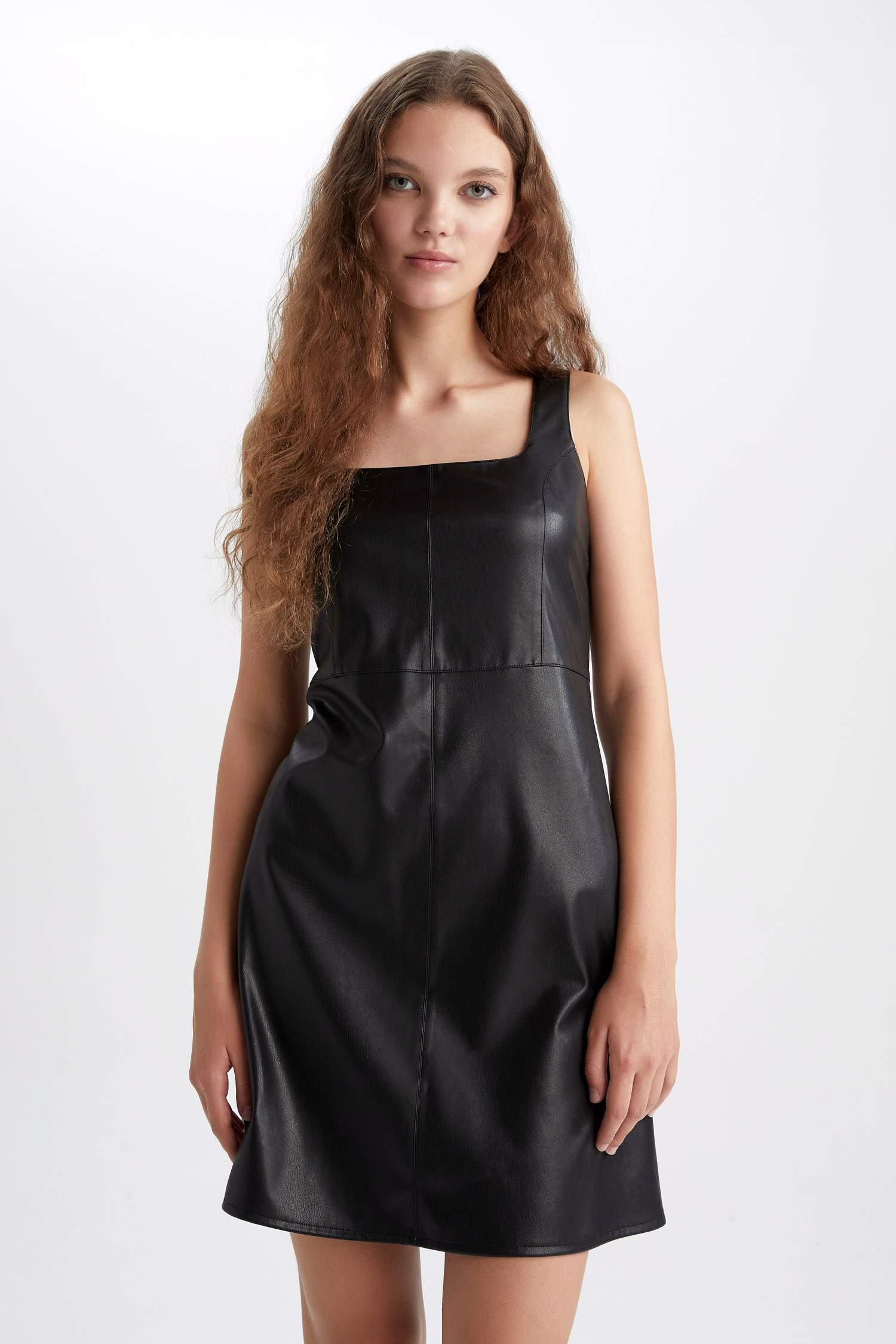 Women’s Black Leather Bodycon Dress (Square Neck Gothic Summer Outfit)