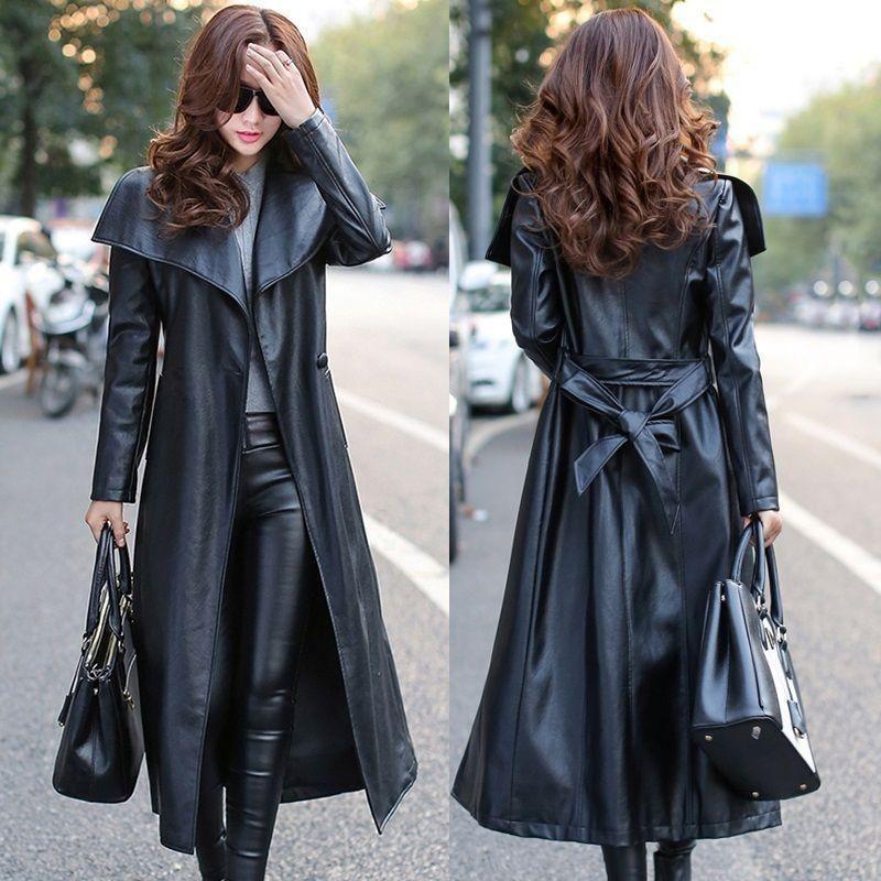 Women’s Black Leather Bodysuit & Trench Coat Set (Zipper Mistress Outfit)