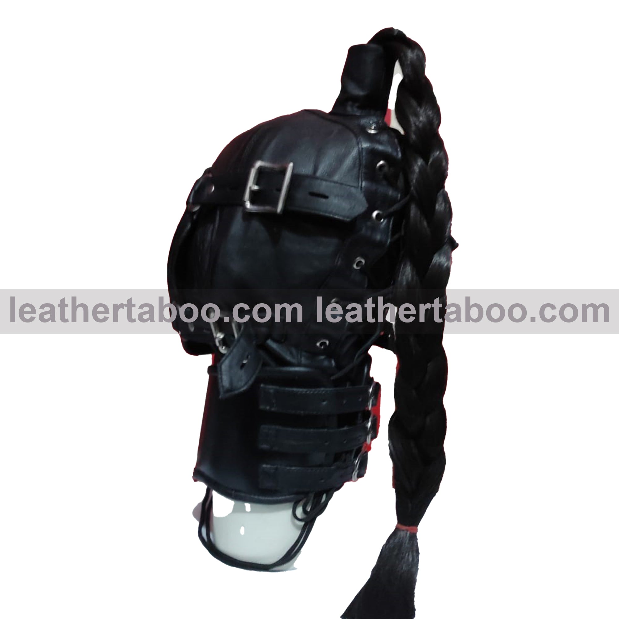 Genuine Leather Gothic Ponytail Hood Mask with Buckle Muzzle And Adjustable Collar