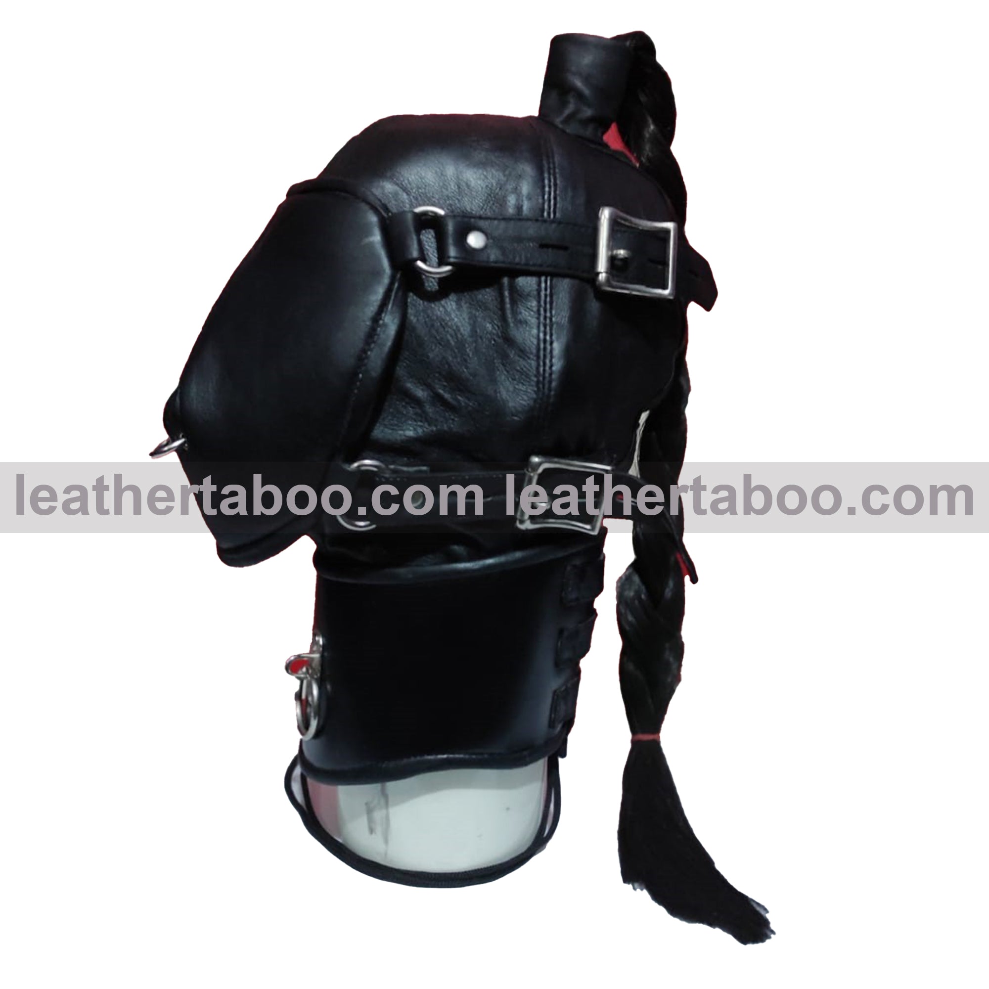 Genuine Leather Gothic Ponytail Hood Mask with Buckle Muzzle And Adjustable Collar