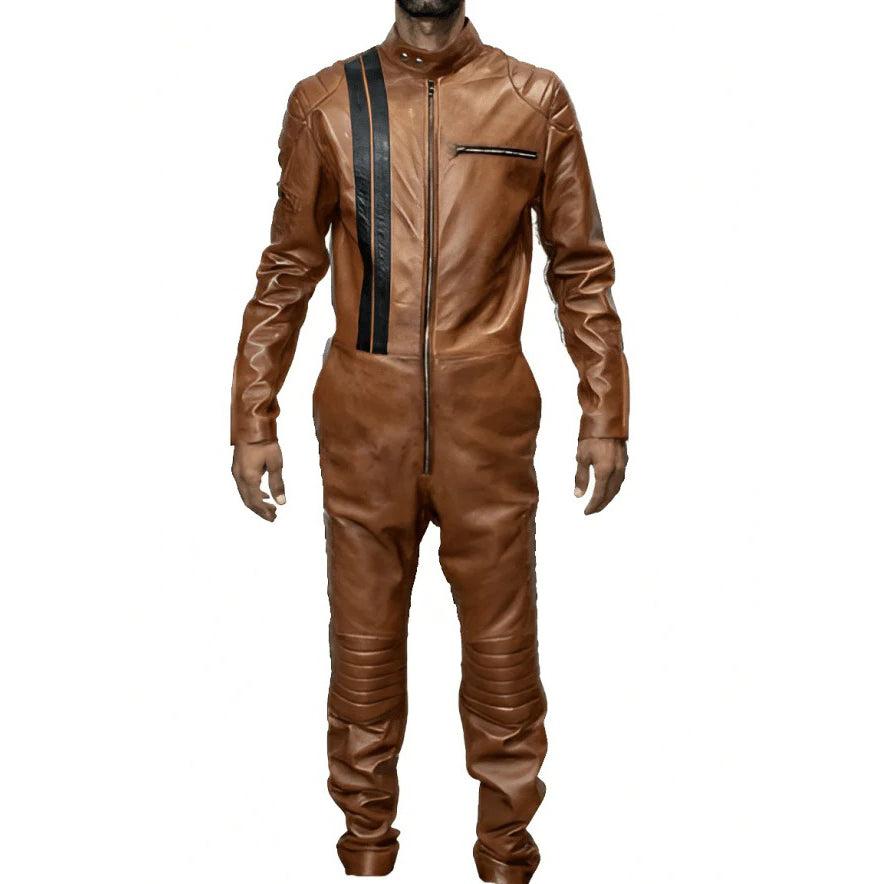 Men’s Real Leather Jumpsuit Catsuit (Brown Casual Bodysuit Outfit)