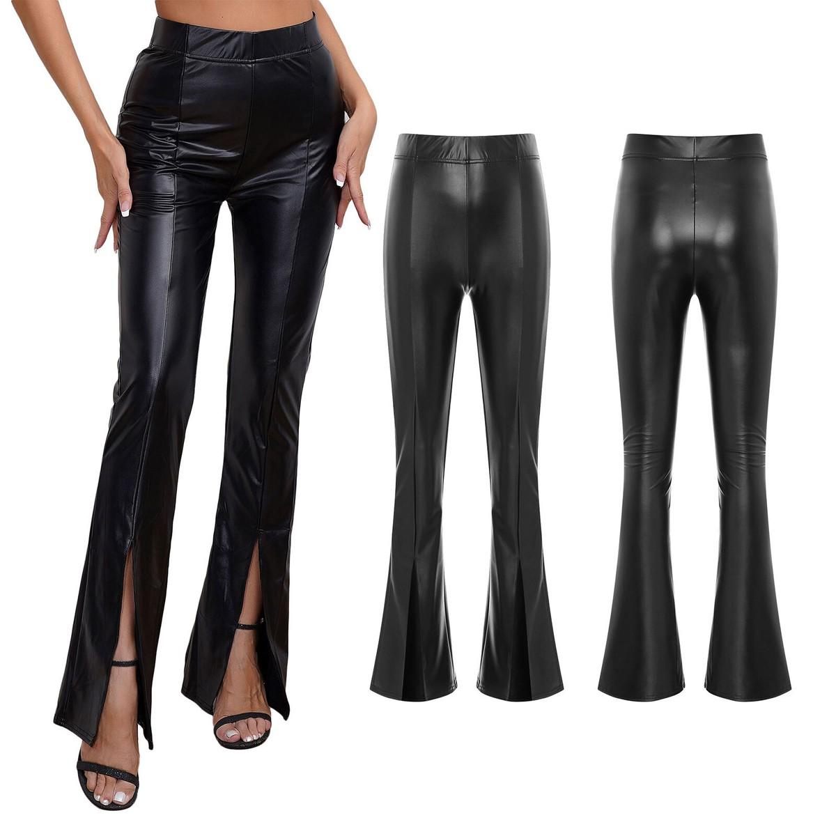Women’s Black Leather Bell-Bottom Pants (High Waist Skinny Fit Trousers)