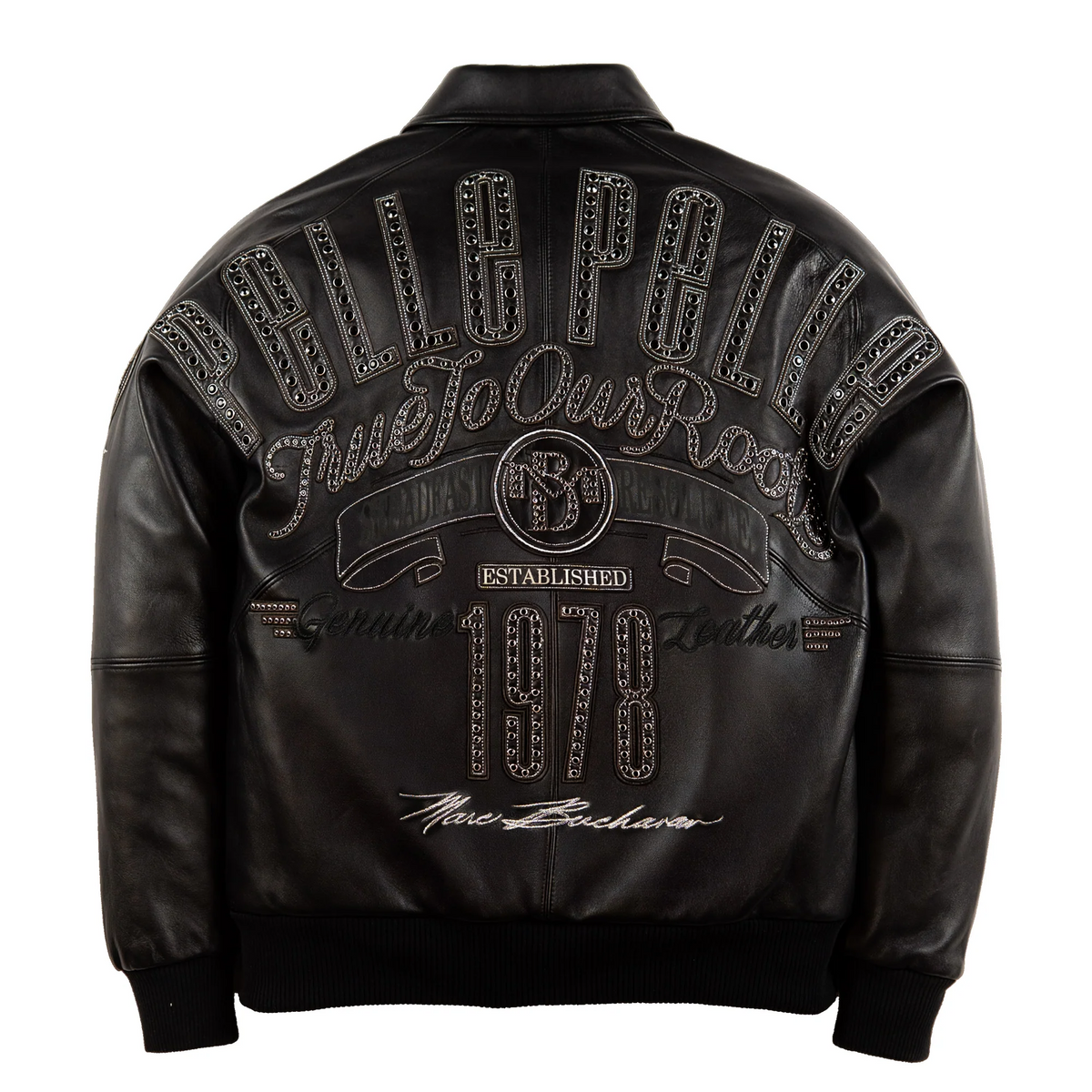 Back of black leather jacket with studded Pelle Pelle lettering, True To Our Roots script and large 1978 design