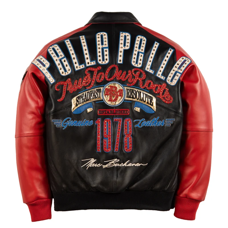 Back of red and black leather jacket with Pelle Pelle lettering, True To Our Roots script and studded 1978 graphics.