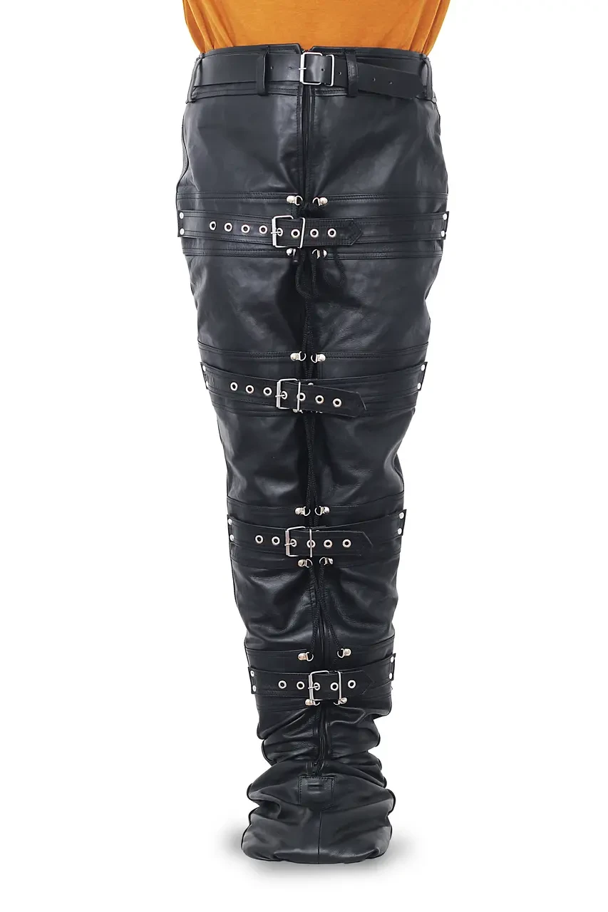 Front view of unisex black genuine leather leg binder with belted waist, four buckle straps, central cord details and enclosed foot end.