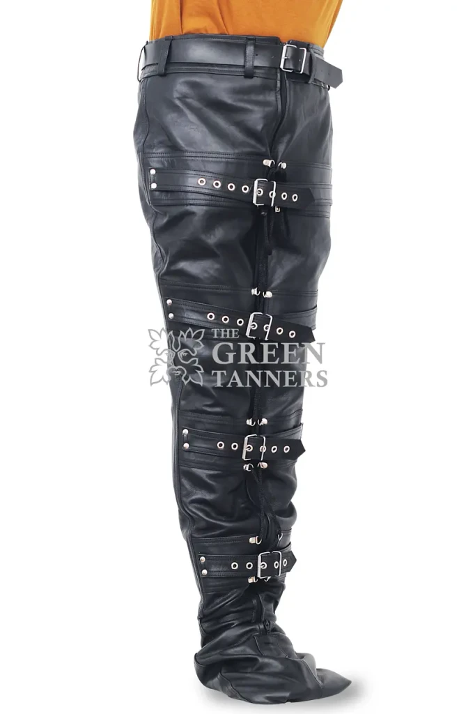 Side view of black leather leg binder showing its tapered mermaid silhouette, adjustable buckle straps and enclosed lower section.