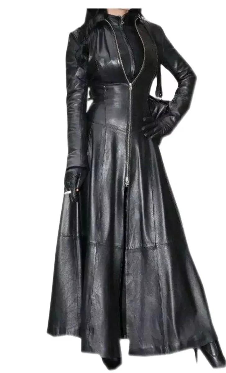 Women’s Matrix-Style Real Leather Long Catsuit Coat (Full Zip Cyberpunk Dress)